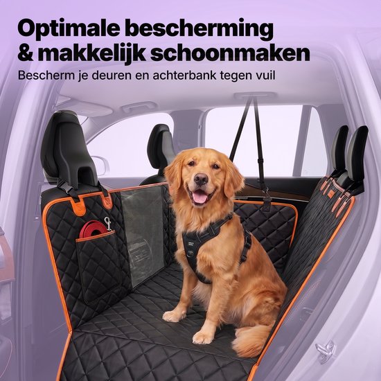 Golden Retriever avec harnais sur une couverture pour chien noire avec bordure orange dans une voiture. Fixée aux appuie-tête et comprend une fenêtre en maille.