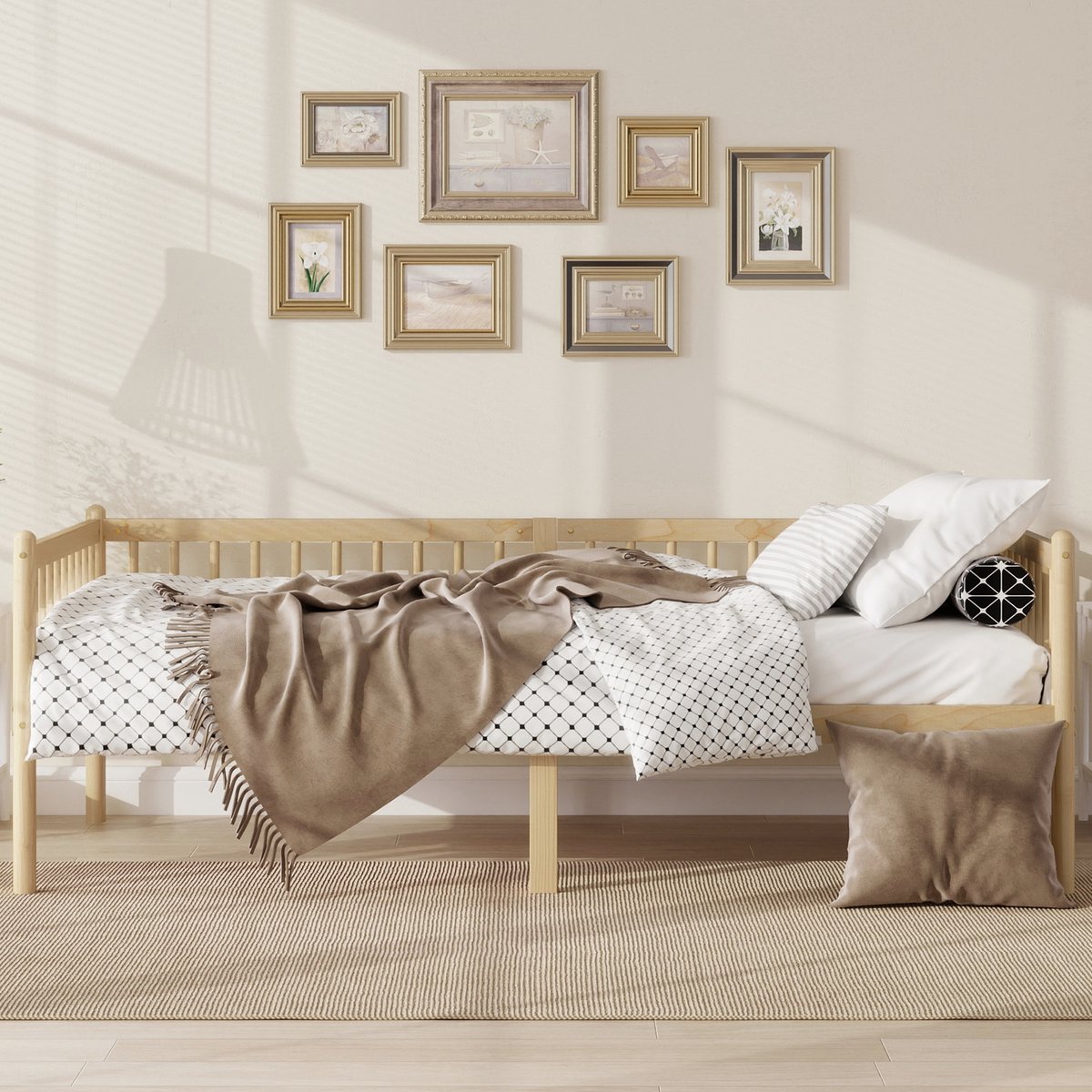 Clruro Slaapbank - 90x200 cm - met 3-Zijdig Hek - 14 Latten - Grenenhout - Naturel