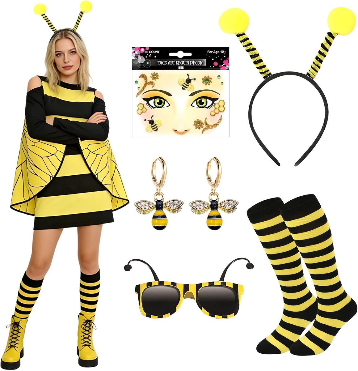 Bijenkostuum voor volwassenen, bijenkostuums voor dames met jurk, haarband, sokken, oorbellen, bril en stickers, accessoires, ideaal voor Halloween, carnaval, cosplay en dieren, themafeesten