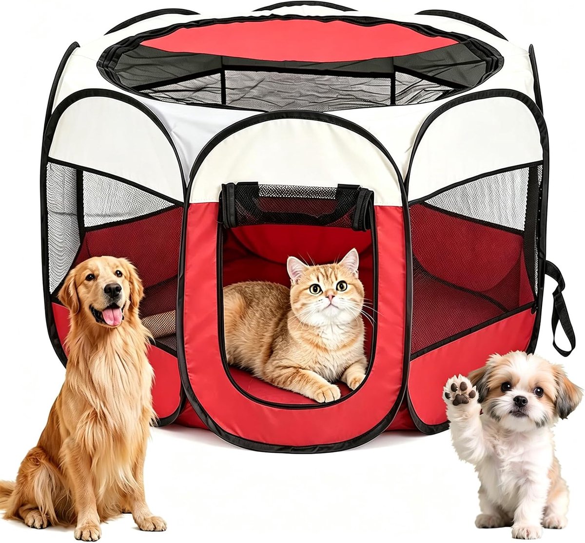 Opvouwbaar, voor thuis, puppybox, kattenhok voor binnen en buiten, hondenkooi, hondentent, vrijloophok, konijnenbox, kat, hond, katten, tent, hok voor kleine dieren (beige + rood)