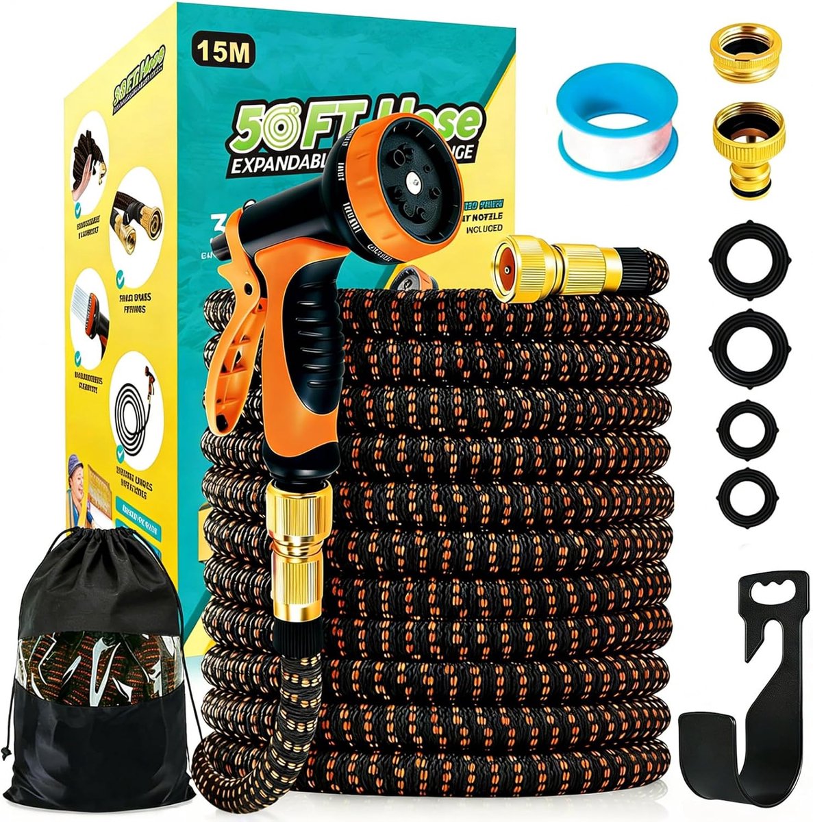 Premium tuinslang tot 30 meter, 3-laags latex waterslang met 3/4" en 1/2" metalen koppelingen, flexibele tuinslang voor tuinirrigatie (orange color, 30)