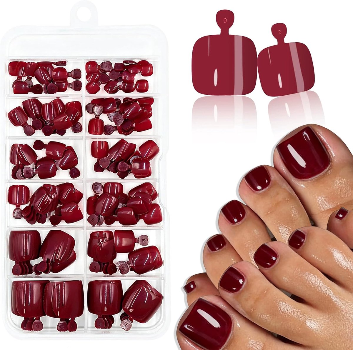240 stuks witte opdrukbare teennagels, kunstteennagels om op te drukken en op te plakken van de teennagels, full cover acryl, kunstnagels voor dames, nagelkunst (rode wijn, kort)