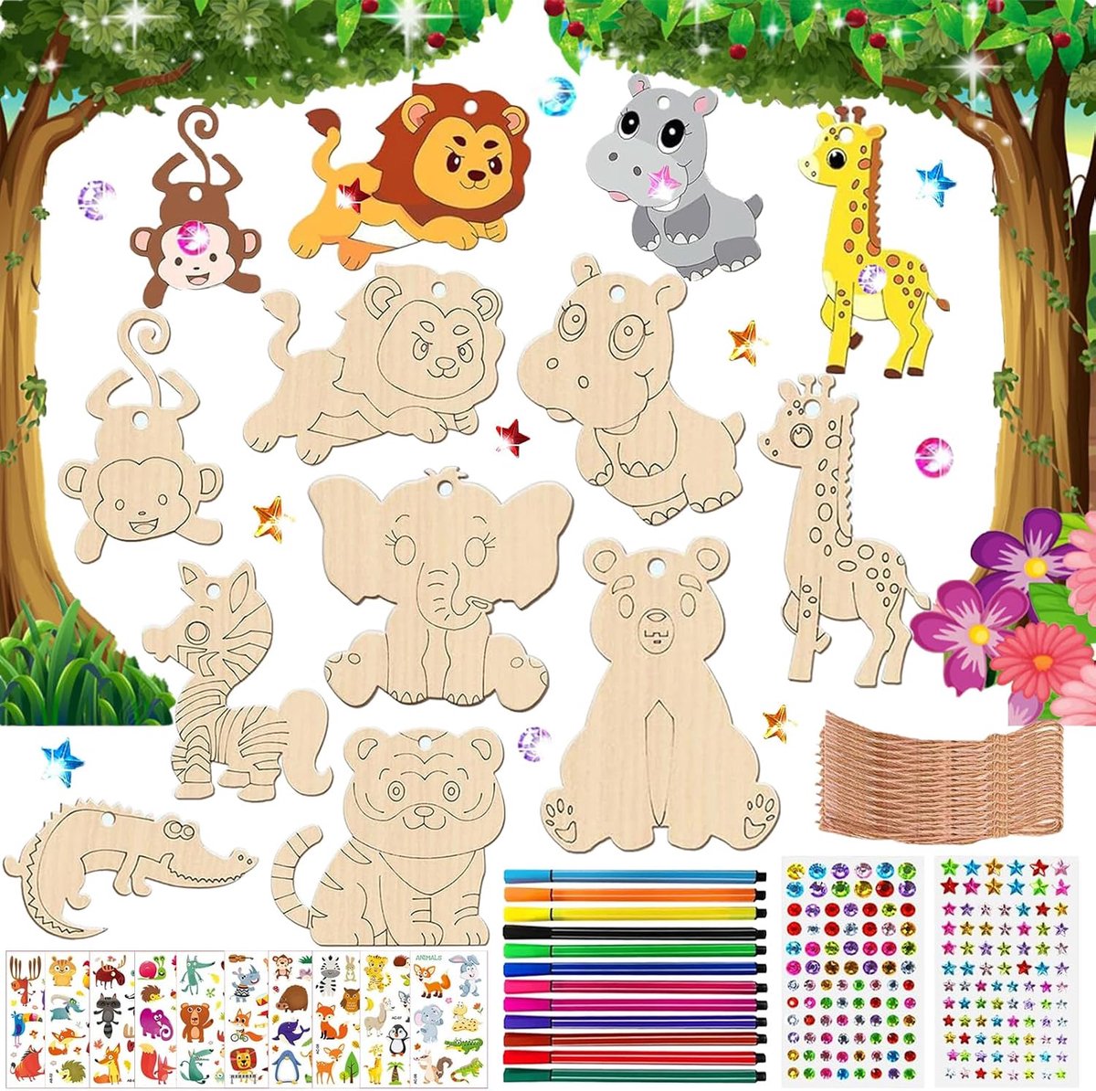 Houten dieren-knutselset, kinderverjaardag, knutselen, houten hangers om te beschilderen, knutselsets voor kinderen, met 27 houten dieren, 202 strass-steentjes, 12 kleurpotloden, 27 koorden