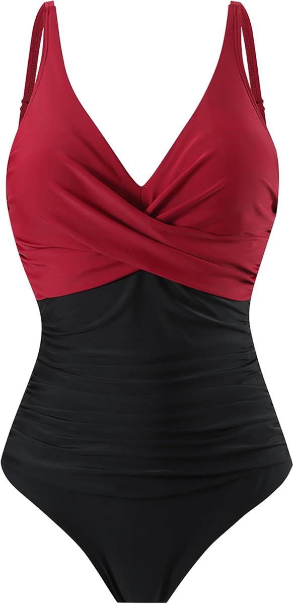 Badpak voor dames, eendelig, met V-hals en hoge taille, buikcontrole, push-up, zwempak, badmode