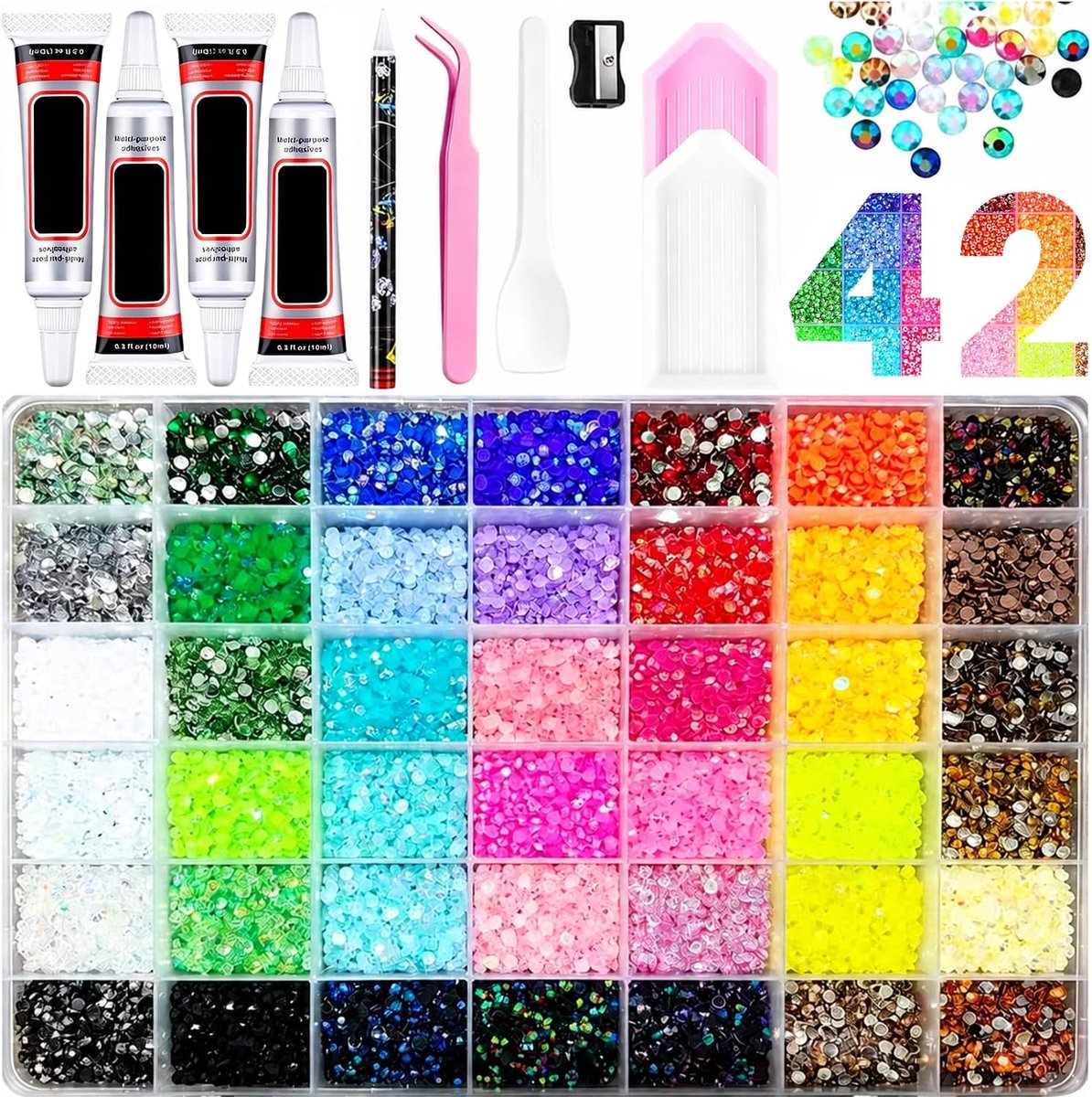 42000 stuks Jelly strass-steentjes, 42 kleuren, 3 mm, glitterstenen, bedazzling-kit voor nagels en textiel, strass, nail art, diamond painting en andere doe-het-zelf-creaties