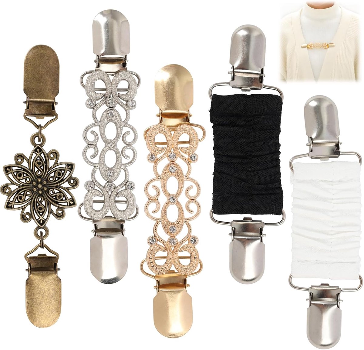 5 vintage clips voor trui met strass, elegante sluitingen voor sjaals, vesten en overhemden, retro riemclips voor het stylen van je outfits, clips voor dameskleding