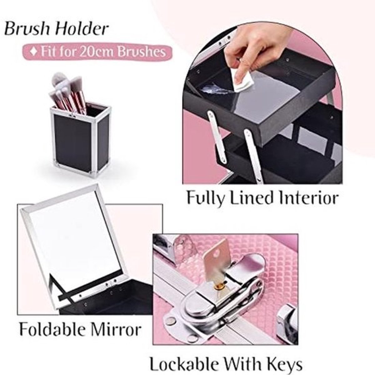 Roze Make-up Koffer met Spiegel en Penseelhouder - Aluminium Beautycase voor Cosmetica