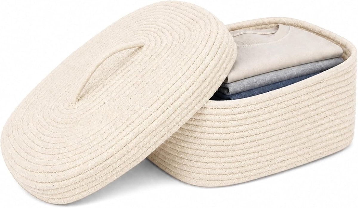 Gevlochten, 38 x 28 x 16,5 cm, opbergmand met deksel, katoenen touw, opbergmand, zwart, opvouwbare mand voor kinderkamer, luiercaddy en babyshowermand (beige)