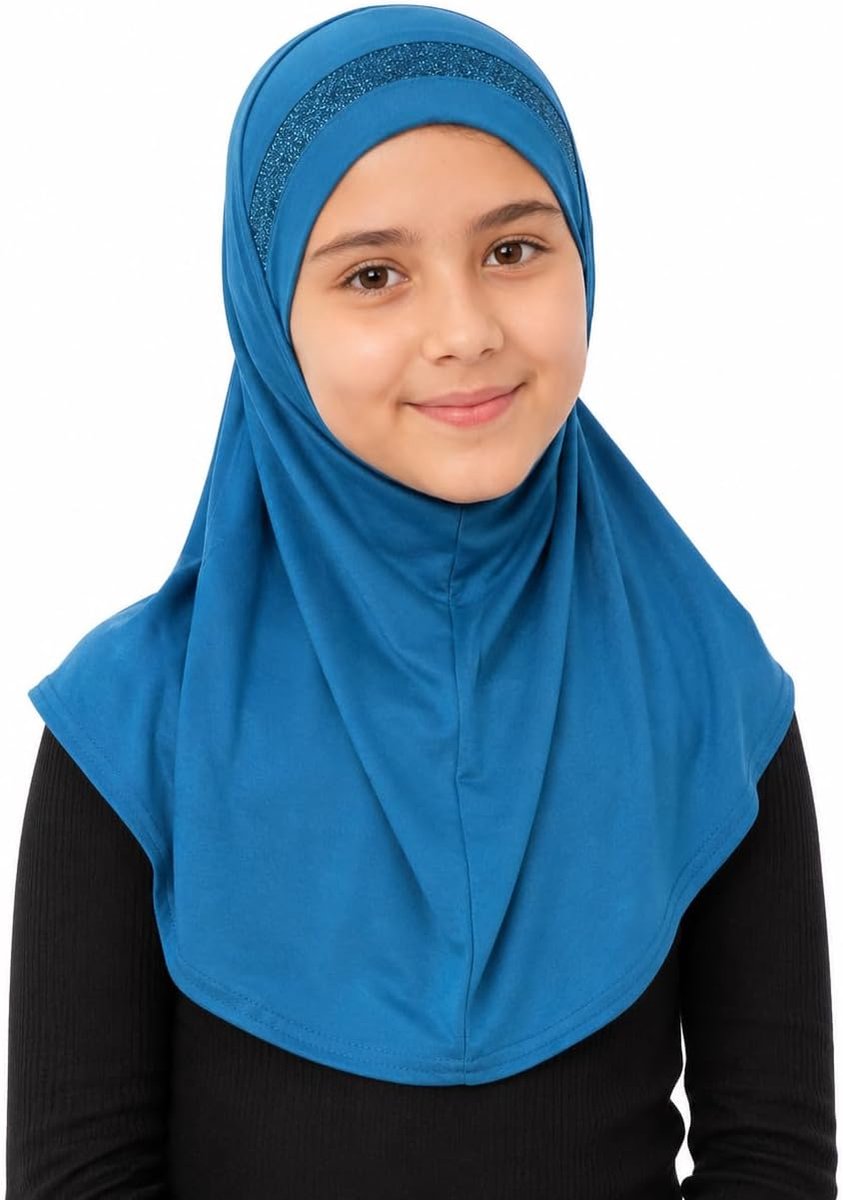 Hijab al Amira voor meisjes, instant hoofddoek met glitterrand, kant-en-klare pull on sjaal, ideaal voor elke gelegenheid school/kleuterschool