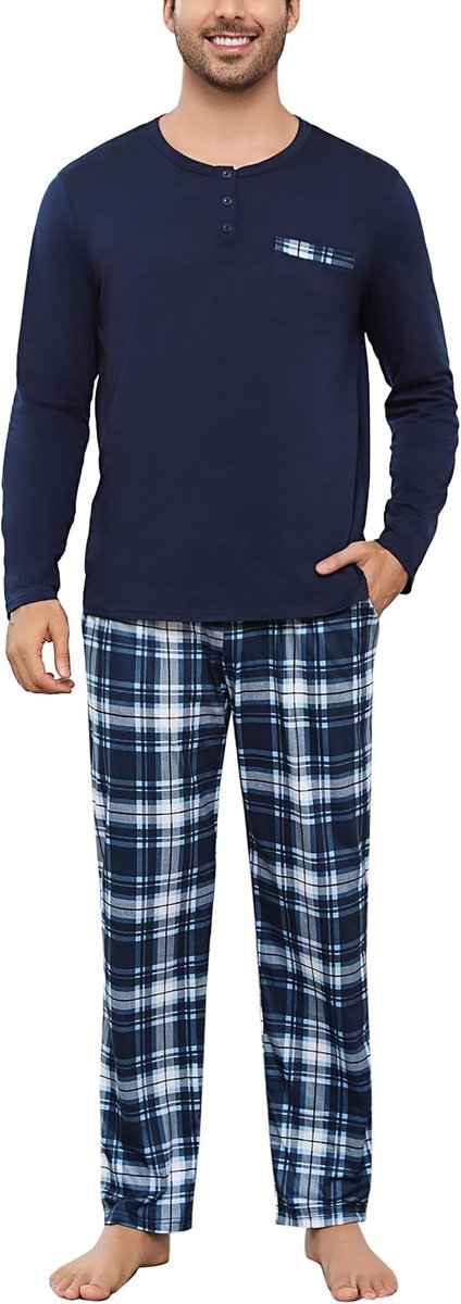 Herenpyjama voor de winter, katoen, Henry-kraag, lange pyjama met contrastpatroon, met trekkoord, met zakken