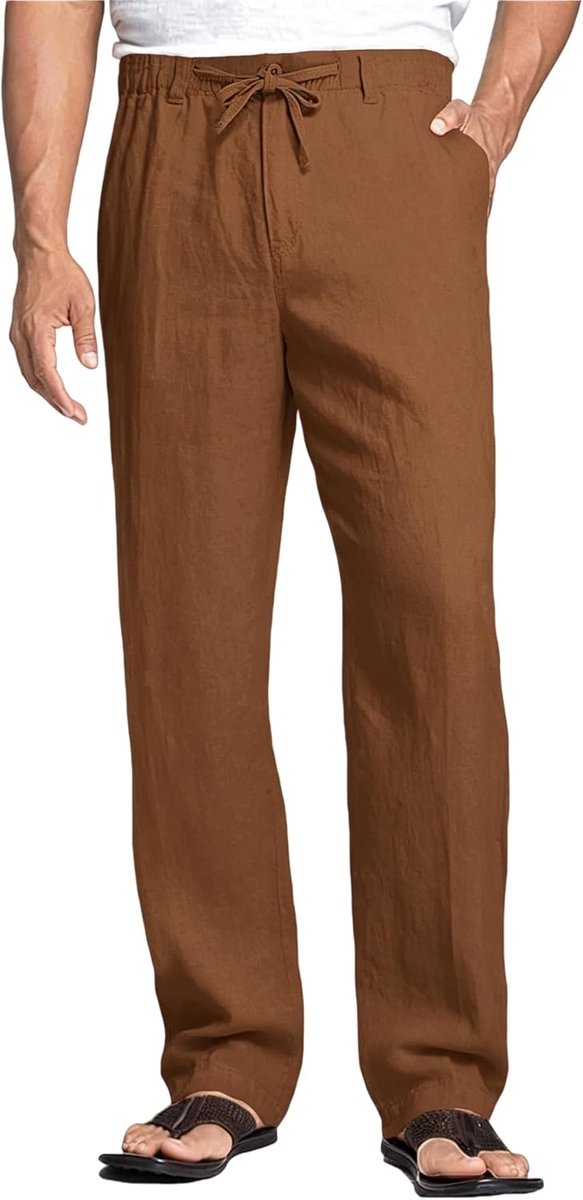 Heren Linnen Broek Lichtgewicht, Zomerbroek Casual, Strandbroek met Trekkoord en Zakken voor Vakantie