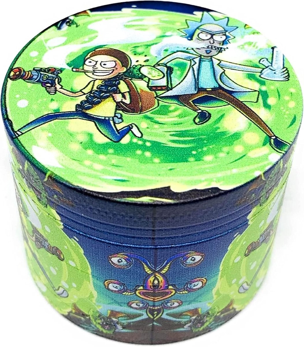 Rick & Morty, 50 mm, 4-delig, kruidenmolen, zinklegering, duurzaam, robuust, groen, molen voor gedroogde kruiden met kleine pollenspatel, magnetisch deksel voor perfecte sluiting