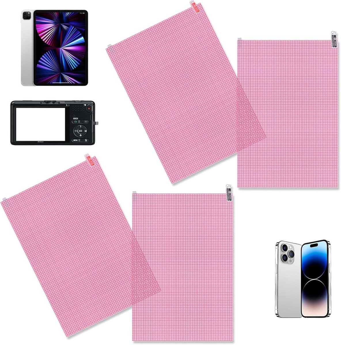 Set van 4 Universele Schermbeschermers A4 Verwijderbaar 300 × 202 mm Ultra Transparant Kr scratchbestendig Vingerafdrukbestendig Waterafstotend Geschikt voor GPS, Tablet, Horloge en Camera