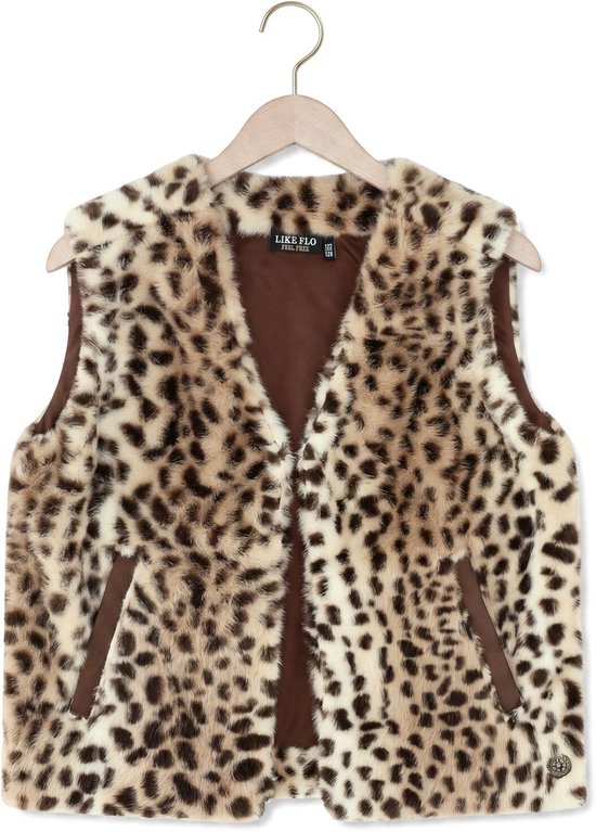 Bruine meisjes bodywarmer met luipaardprint, bruine binnenzijde en bruine zakken.