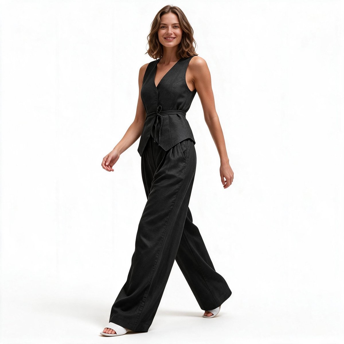 Imily Bela Dames Mouwloze Jumpsuit met V-hals, Knopen en Wijde Pijpen