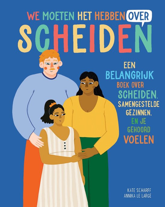 Boekcover met illustratie van twee volwassenen en een kind dat elkaar vasthoudt. Gele, oranje en groene kleuren.