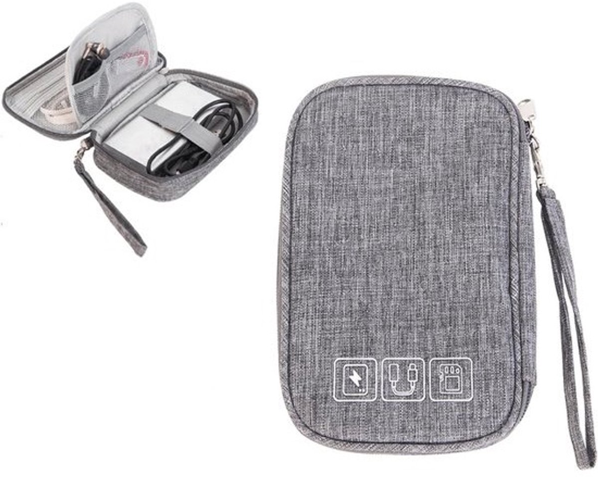 Draagbare kabelorganizer voor reizen - elektronica, oplaadkabels en accessoires - compacte grijze tas voor kabelbeheer
