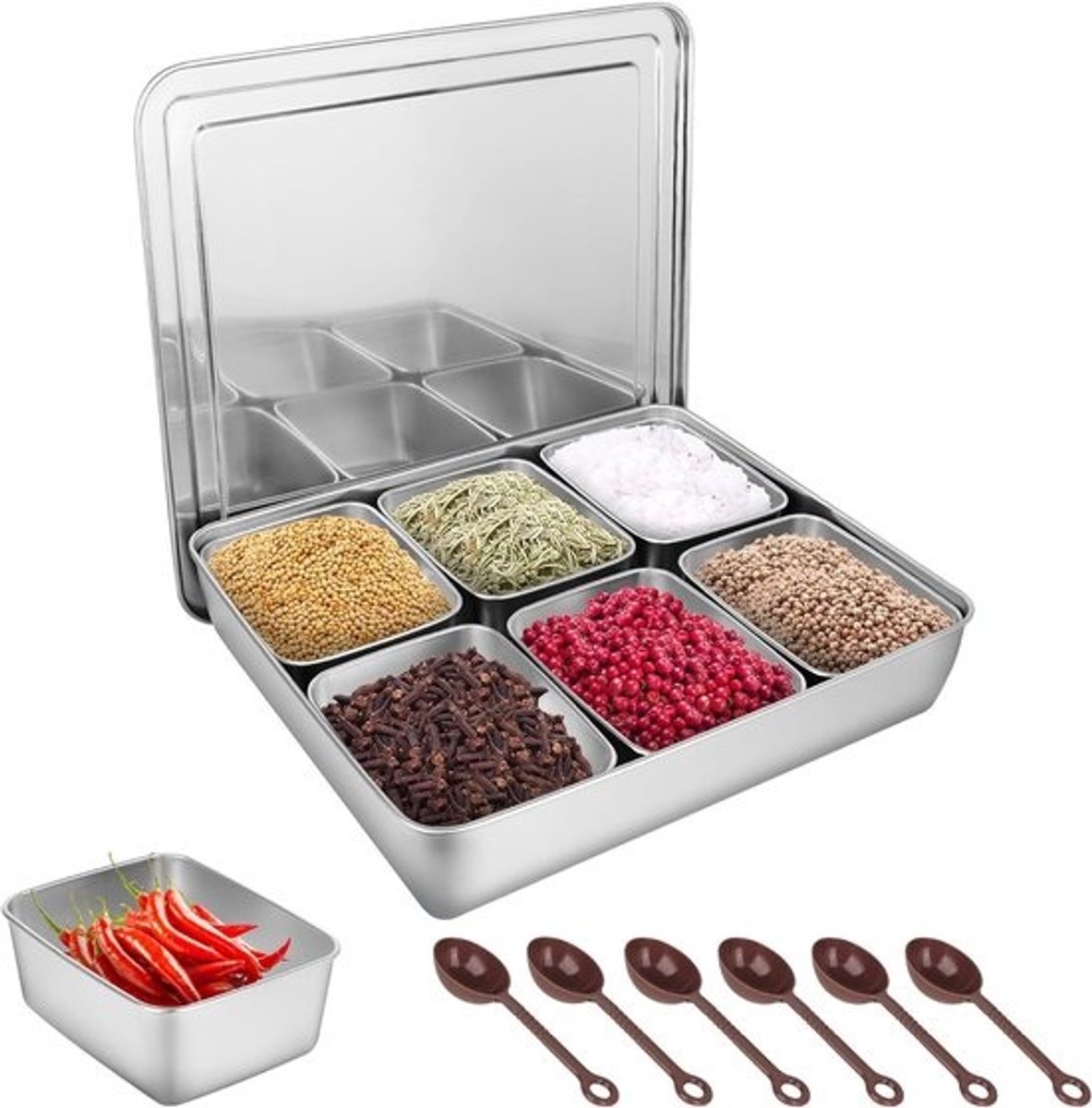 RVS-specerijcontainer met deksel - 6 verwijderbare compartimenten - Multifunctionele voedselopslag en snackorganizer voor keuken en kruidenset
