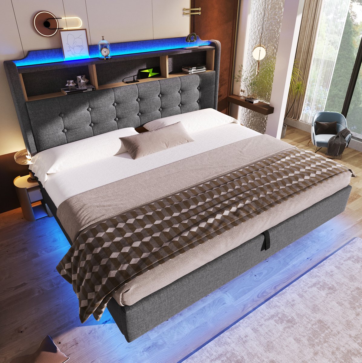 MODENUIT Gestoffeerd Bed – 180 x 200 cm – Ledverlichting – Stof en MDF – Grijs – Opbergruimte met USB en USB-C