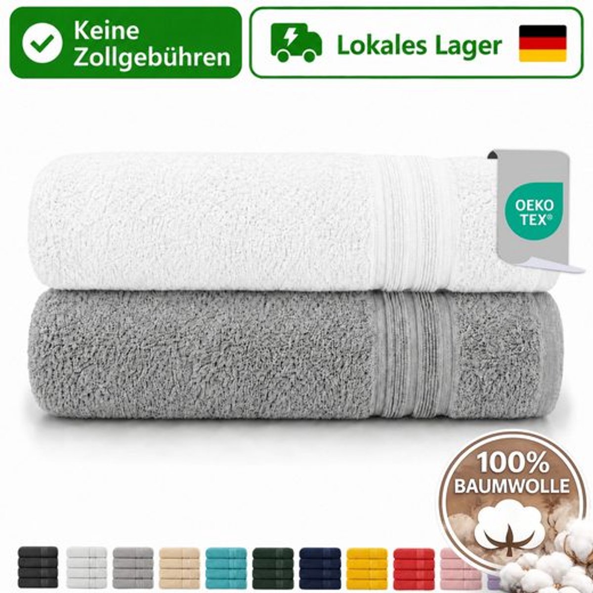 Komfortec Set van 2 Badhanddoek 100x200 cm van 100% Katoen, XXL Saunahanddoek, Grote Douchehanddoek, Zacht & Absorberend, Grijs&Wit