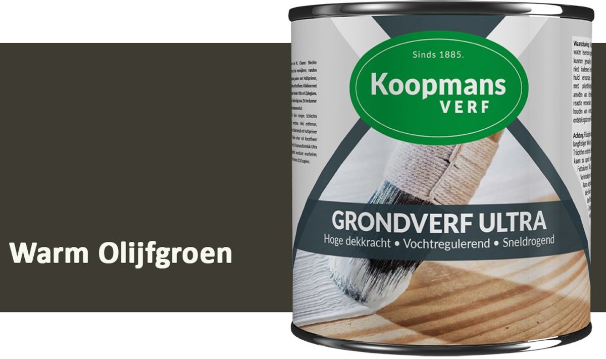 Koopmans Grondverf Ultra – Grondverf Hout & Metaal Binnen en Buiten – Vochtregulerende Primer – Hoge Dekking – Zijdeglans – Warm Olijfgroen – 750 ml