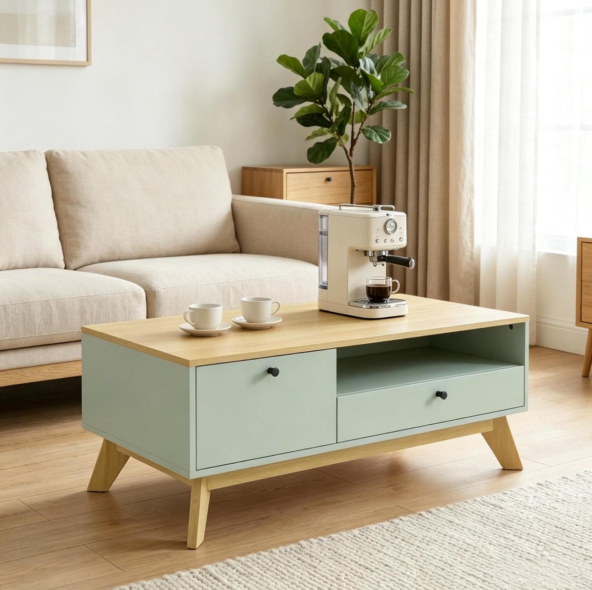 REDOM Salontafel - Rechthoekig ontwerp - Lade met metalen geleiders - Kast met magnetische sluiting - MDF - Lichtgroen en eiken - 100 x 50 x 40 cm