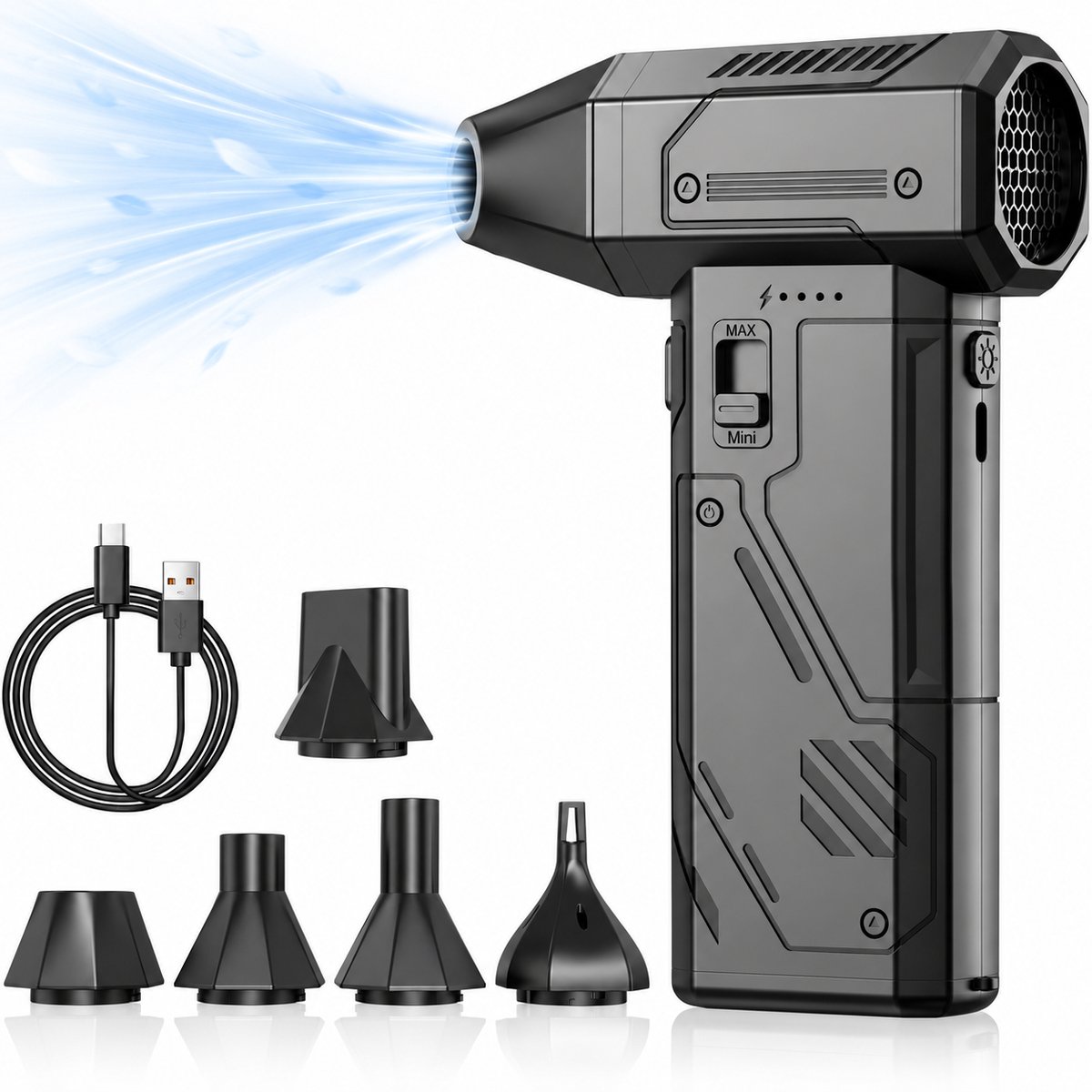 Tolvia Air Duster Draadloos - Persluchtblazer 130.000 RPM - Traploos Regelbare Luchtkracht - Oplaadbare Stofblazer - Draadloos voor PC, Toetsenbord, Auto & Elektronica