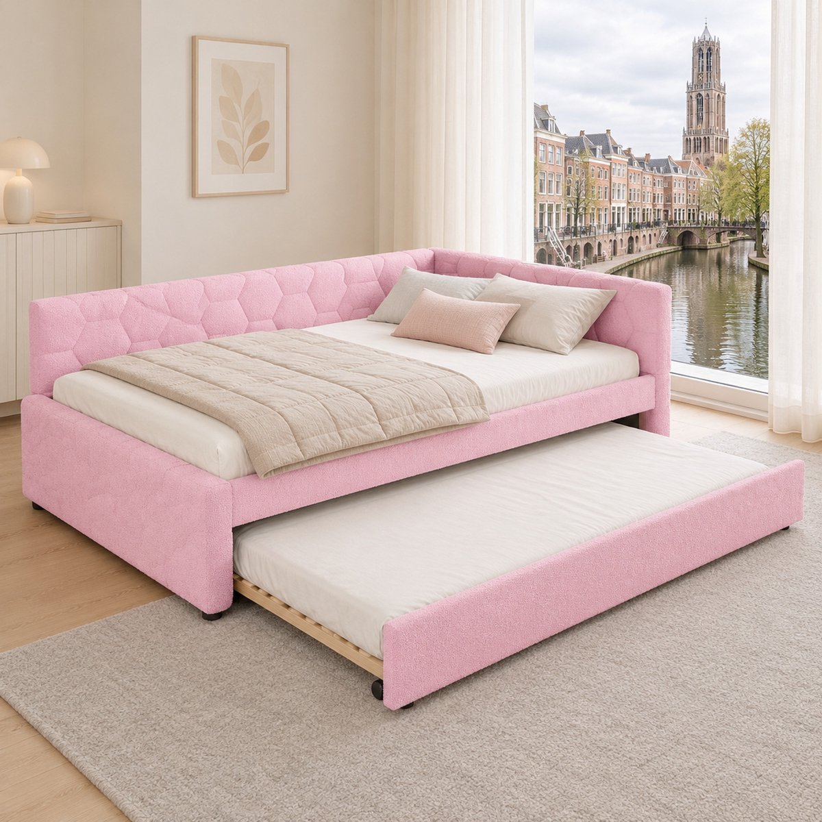 WUVRIE Bedbank 140x200 cm met lattenbodem, uitrolbed, USB, Type-C en nachtlampje voor kinderkamer, roze, zonder matras