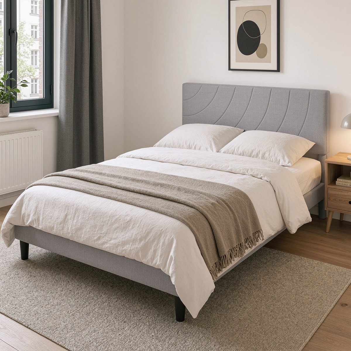 KUTAS Tweepersoonsbed 140 x 190 cm - Lattenbodem - Gestoffeerd Bedframe - Verstelbaar Hoofdbord - Antislip Bedpoten - Grijs