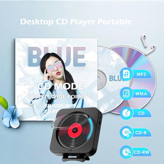 Draagbare CD-speler met Bluetooth, HiFi Luidspreker, Wandmontage, USB/AUX Muziekspeler, zwart — afbeelding 5