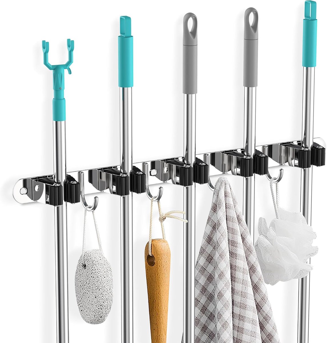 Bezemhouder voor aan de muur, met 5 houders + 4 haken, zelfklevende bezemhouder, roestvrij staal, wandmontage, tuingereedschapshouder voor keuken, badkamer, tuin