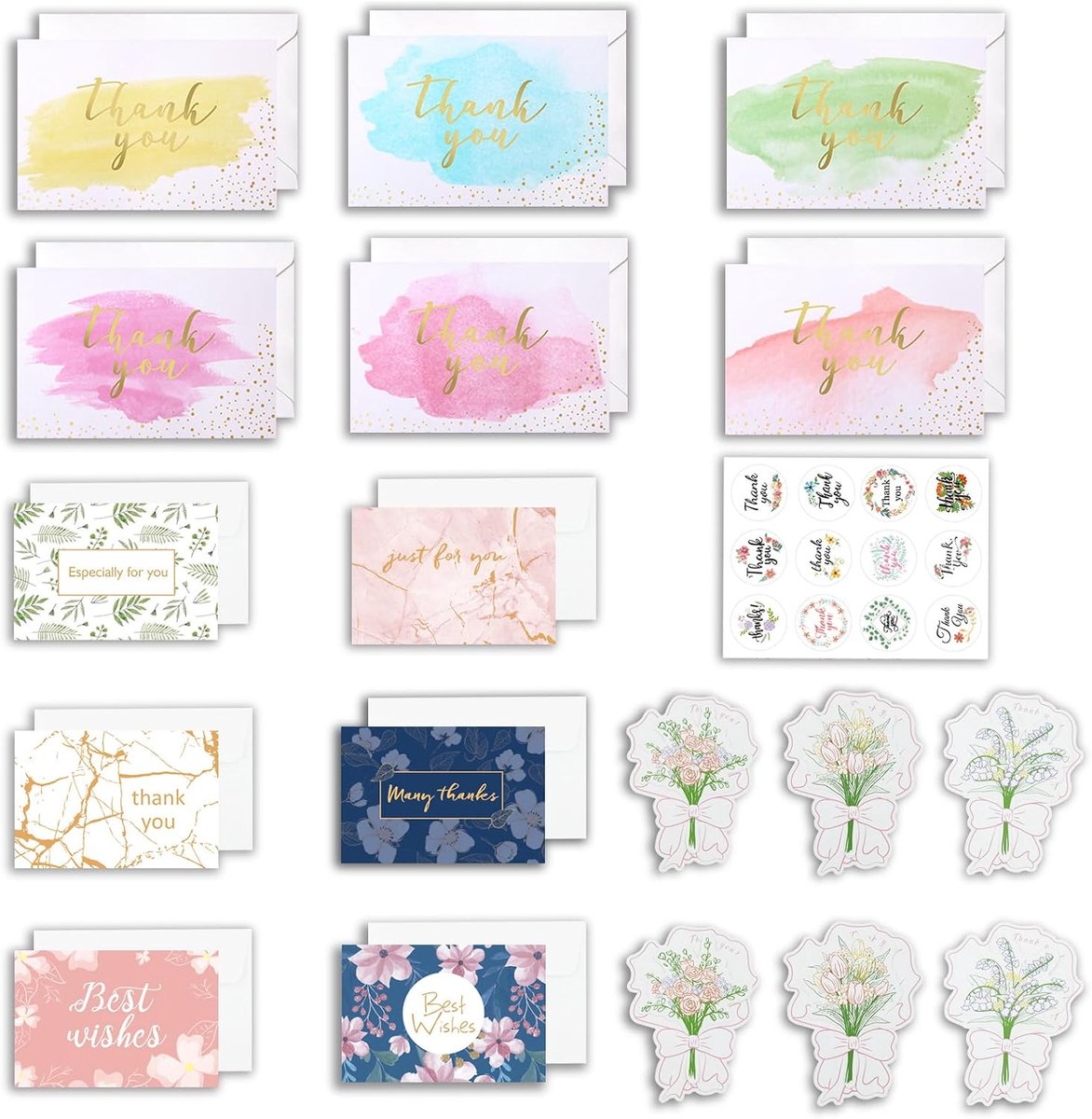 18 stuks bedankkaarten multipack, multi-stijl bedankkaart, opvouwbare bedankkaarten met 12 enveloppen en stickers bedankkaartenpakket voor bruiloft afstuderen leraar familie