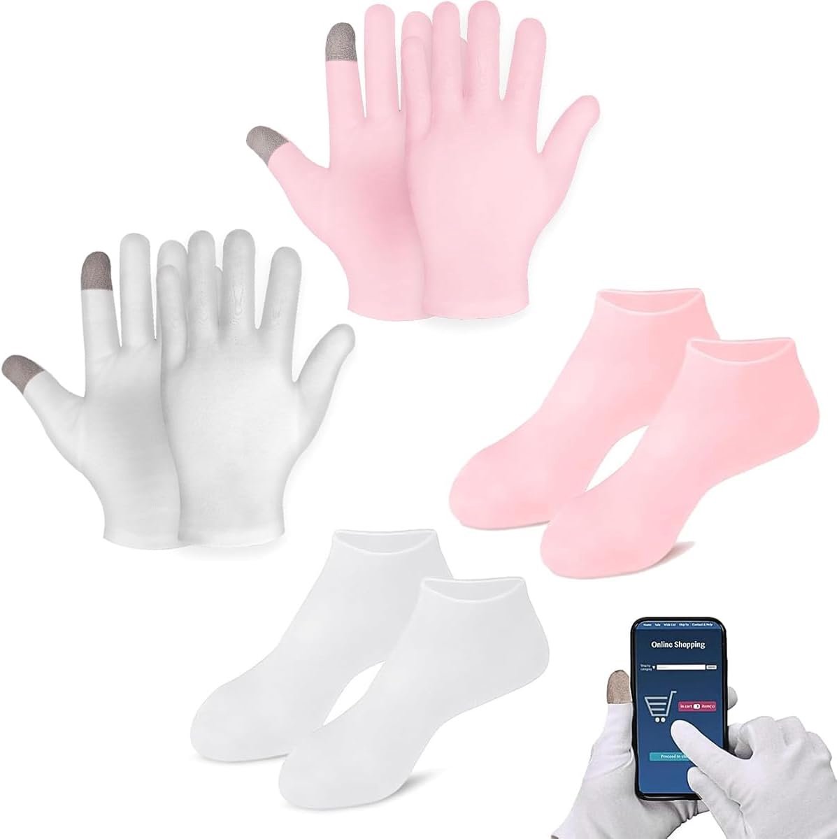 Handschoenen met touchscreen, 2 paar handschoenen, 2 paar sokken, katoen, vochtinbrengende nachttouchscreen-handschoenen, hand- en voetbescherming, voor handcrème aanbrengen, hydraterend