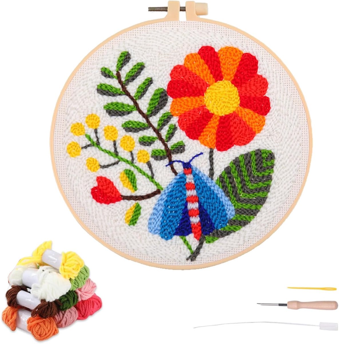 Artcici Punch Naaldset voor beginners met insect rode bloem patroon gereedschap en garen, eenvoudig borduurwerk tapijt haken set (libel)