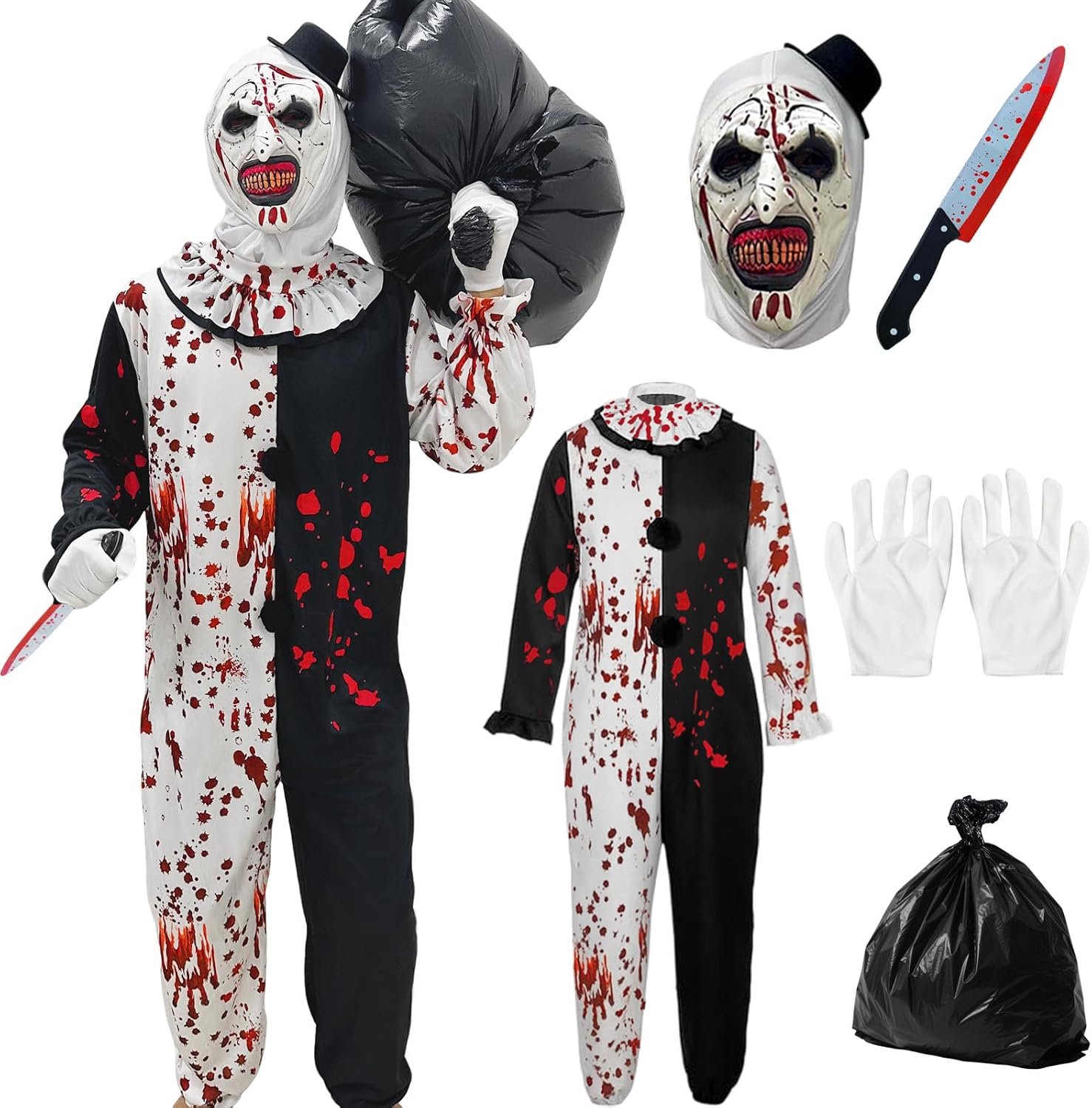 Clownskostuum, Halloween Art The Clown kostuum, terrifier stijl clownskostuum, met masker, nepmes, terrifier clown, cosplay, Halloween, carnaval, feest