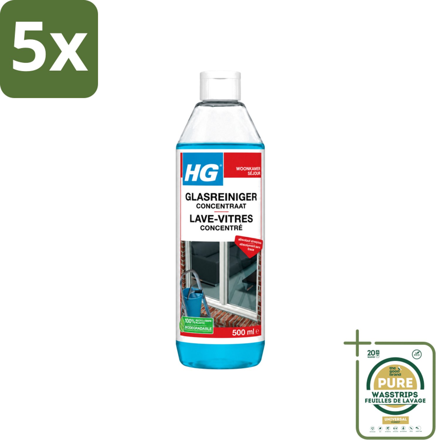 5 x HG - Glasreiniger Concentraat - Streeploos Schoon - 12 Schoonmaakbeurten - 500 ml - Wasstrips - Glas Reinigen - Streeploos Reinigen - Ramen Reinigen - Glazen Reiniger - Reinigingsmiddel