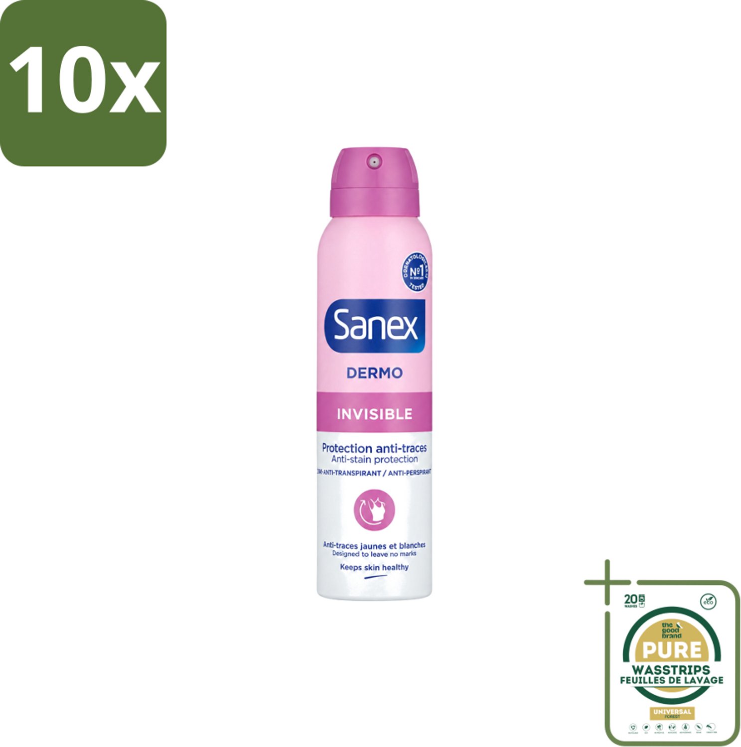 10 x Sanex – Deodorant Spray – Dermo Invisible – 150 ml - Wasstrips - Onzezichtbare Deodorant - Deodorant Spray - Transpiratieregulatie - Huidbescherming - Strepenvoorkomend