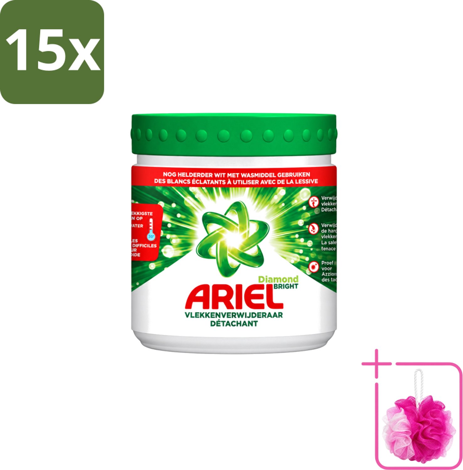 15 x Ariel Diamond Bright - Vlekverwijderaar Poeder - Witte Was - 30 Wasbeurten - Bulkverpakking - Vlekverwijderaar - Douchemop - Witte was