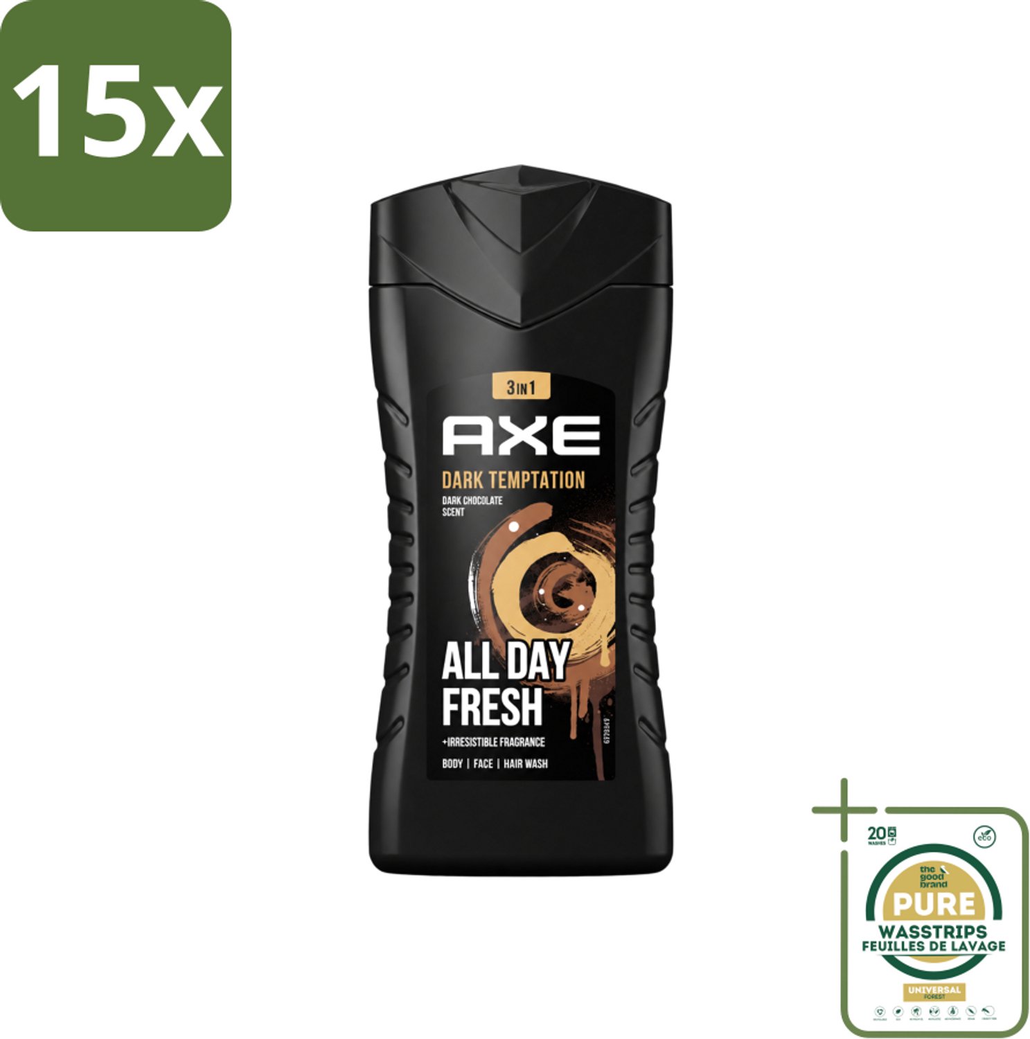 15 x Axe - 3-in-1 Douchegel - Dark Temptation - Dark Chocolate - 12hrs Long Lasting Scent - 250 ml - Wasstrips - Douchegel - Geur - Lichaam - Gezicht - Haar