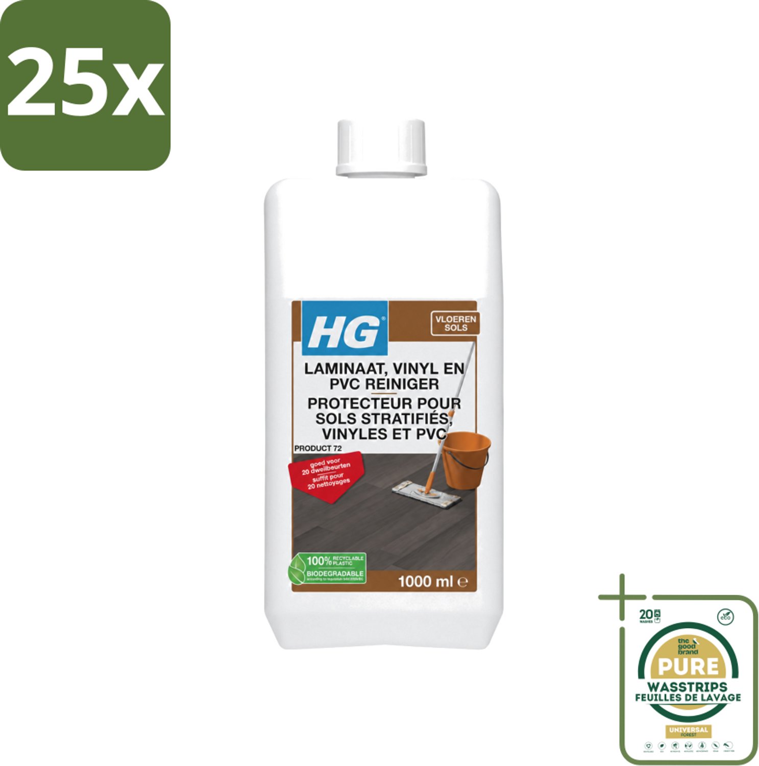 25 x HG - Laminaat, Vinyl & PVC Reiniger - Frisse Geur - Reinigt Streeploos - 20 Dweilbeurten - 1L - Wasstrips - Laminaatreiniger - Vloerreiniger - Dweilbeurt - Laminaatvloer - Reinigen