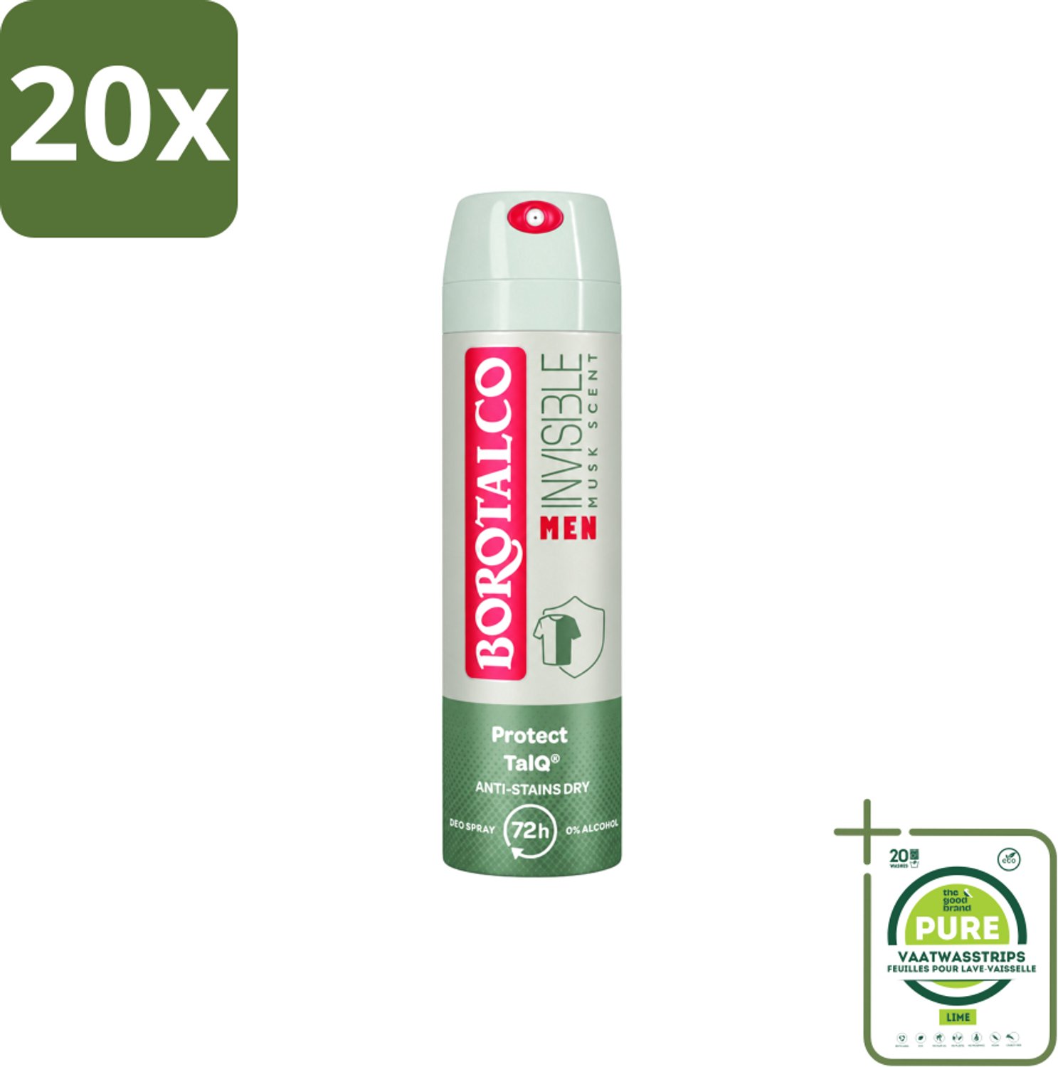 20 x Borotalco – Deodorant Spray – Men Musk Geur – 150 ml - Grootverpakking - Vaatwasstrips - Deodorant Spray - Mannelijke Geur - Musk - Zweetvermindering - Frisse Geur
