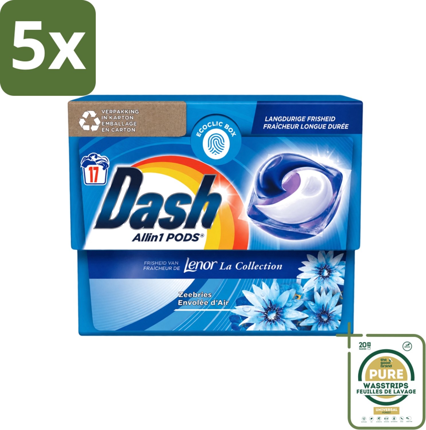 5 x Dash - Lenor Collectie - Wasmiddel Capsules - All-in-1 Pods - Witte en Gekleurde Was - Zeebries - 17 Wasbeurten - Wasstrips - Wasmiddel Capsules - Zeebries Geur - Wasmachine Pod - Frisheid Was - Witte Was