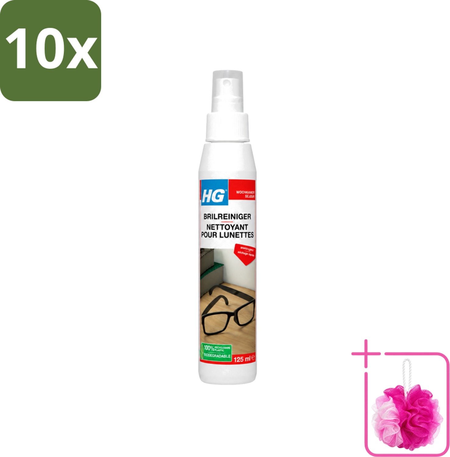 10 x HG - Brilreiniger - Voor Glasheldere Lenzen - 125 ml - Bulkverpakking - Bril reinigen - Douchemop - Glas reinigen