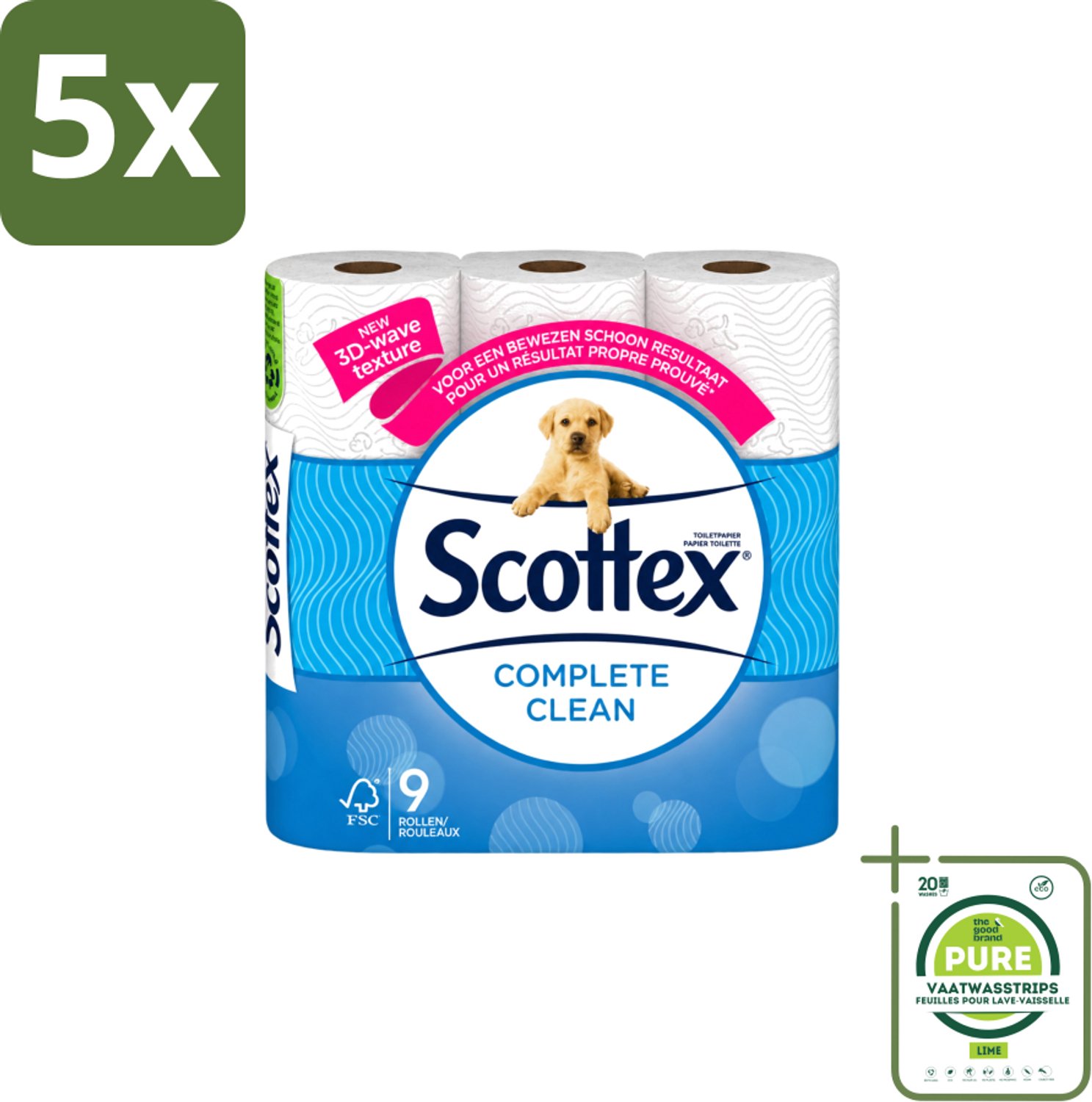 5 x Page Scottex – Toiletpapier – Complete Clean 2-laags – 9 rollen - Grootverpakking - Vaatwasstrips - Toiletpapier - Schone Reiniging - 3D Wave™ - Extra Zacht - 2-laags