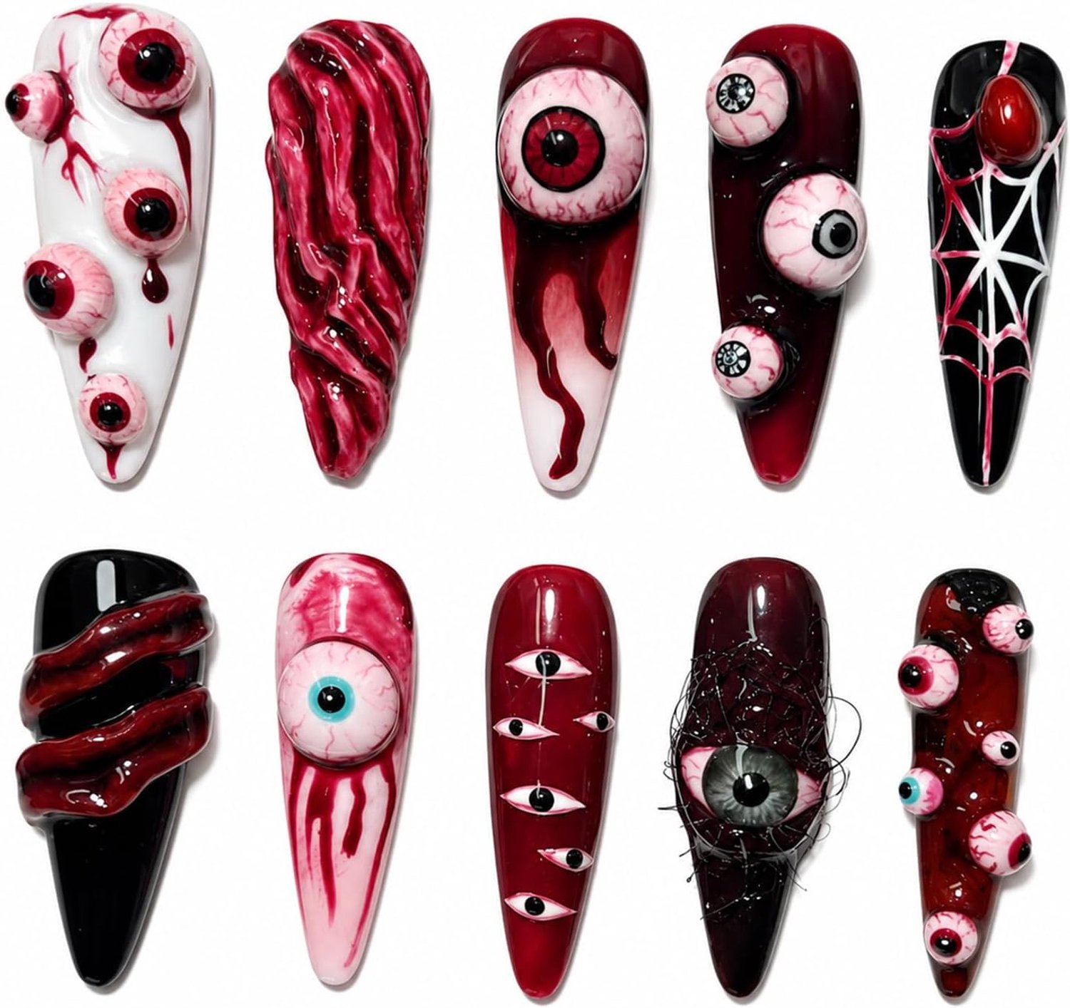 30 stuks 3D Halloween kunstnagels, bige oogbol press on nails