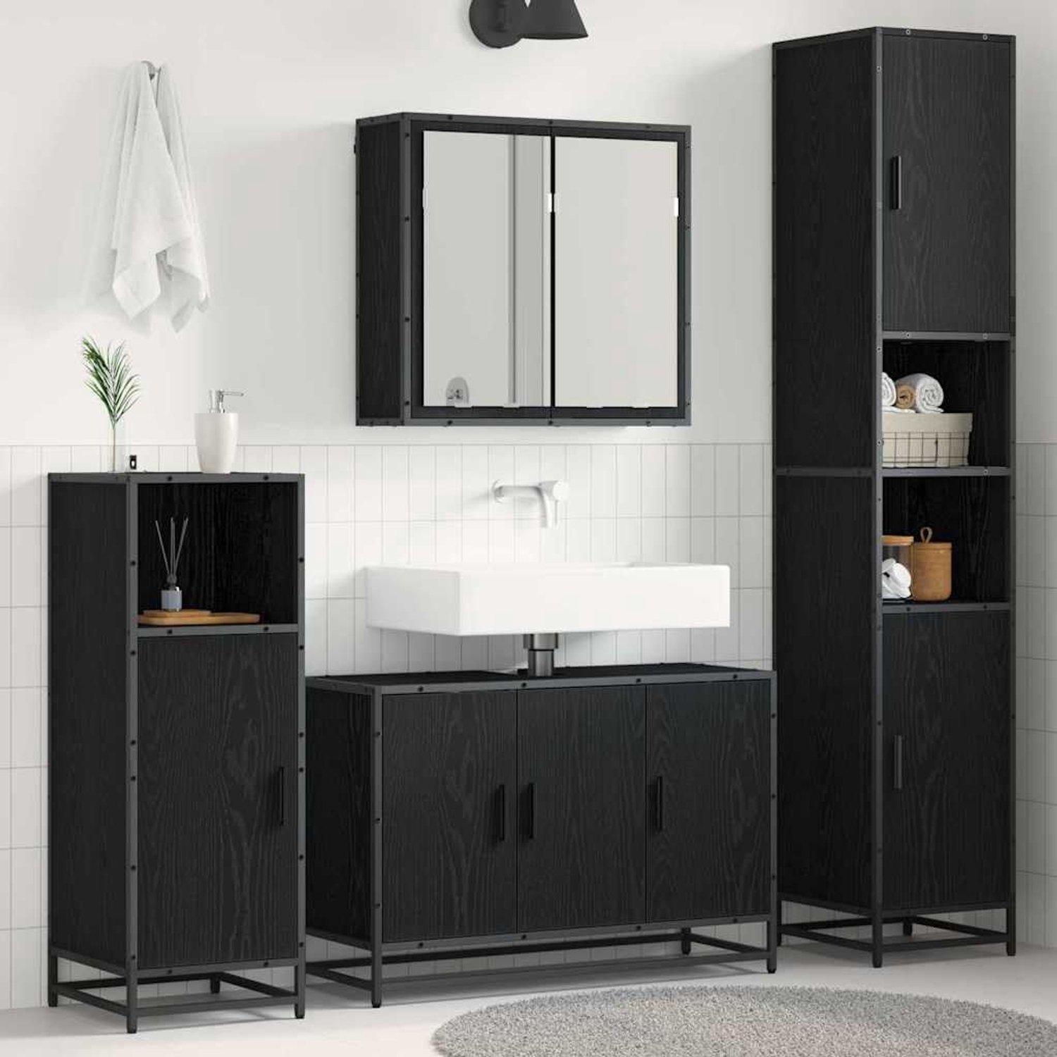 Badkamermeubelset 4 stuks zwart eiken look houtmateriaal