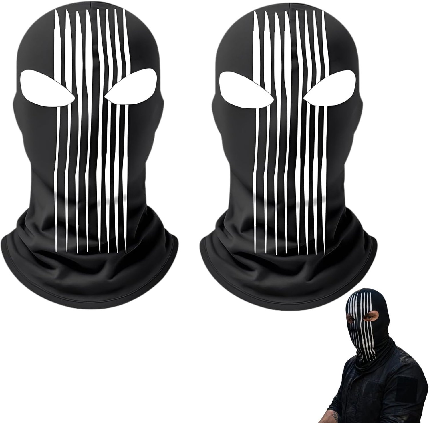 2 stuks zwarte bivakmuts met witte verticale strepen – elastische ijszijde gezichtsmasker unisex, ademend en sneldrogend, voor motor, fietsen, outdoor zonbescherming, carnaval en feest cospl
