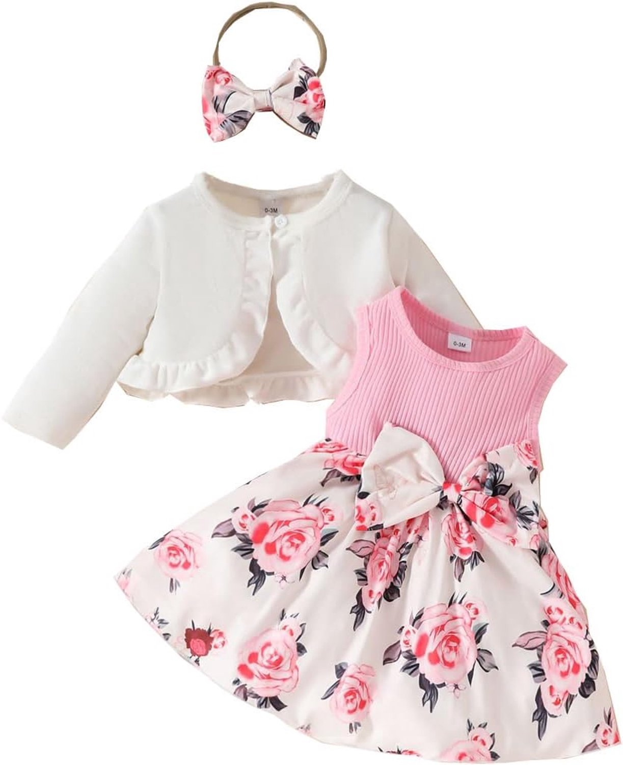 Meisjesjurk met bloemenprint + lange mouwen, gebreide jas, 3-delig