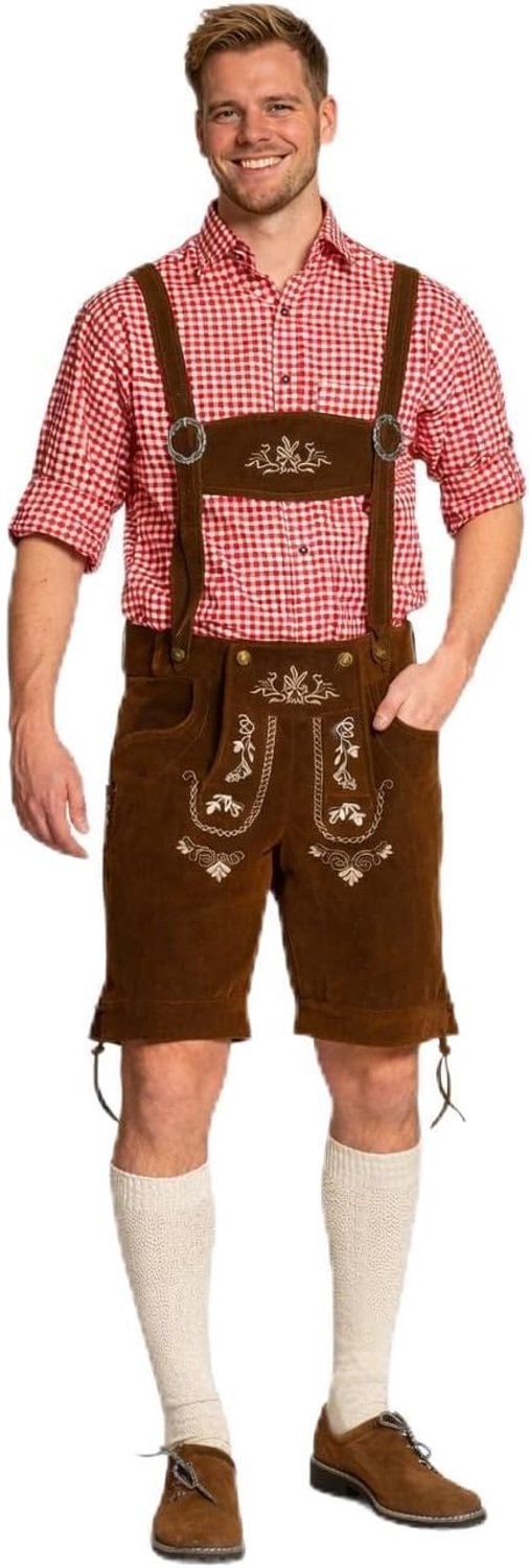 Heren Donkerbruin Steinbock Tiroler Broek met Bretels Oktoberfest Lederhose voor Heren Beierse Kniebroek voor Oktoberfest, Carnaval & Duitse Outfit - Maat S t/m 3XL
