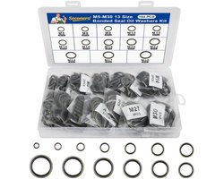 Set van 194 Hydraulische O-Ringen met Rubber Lip, Assortiment van 13 Maten voor Oliedrainpluggen, Sealing Rings en Gecoate Dichtingen, Diameter 5-30 mm